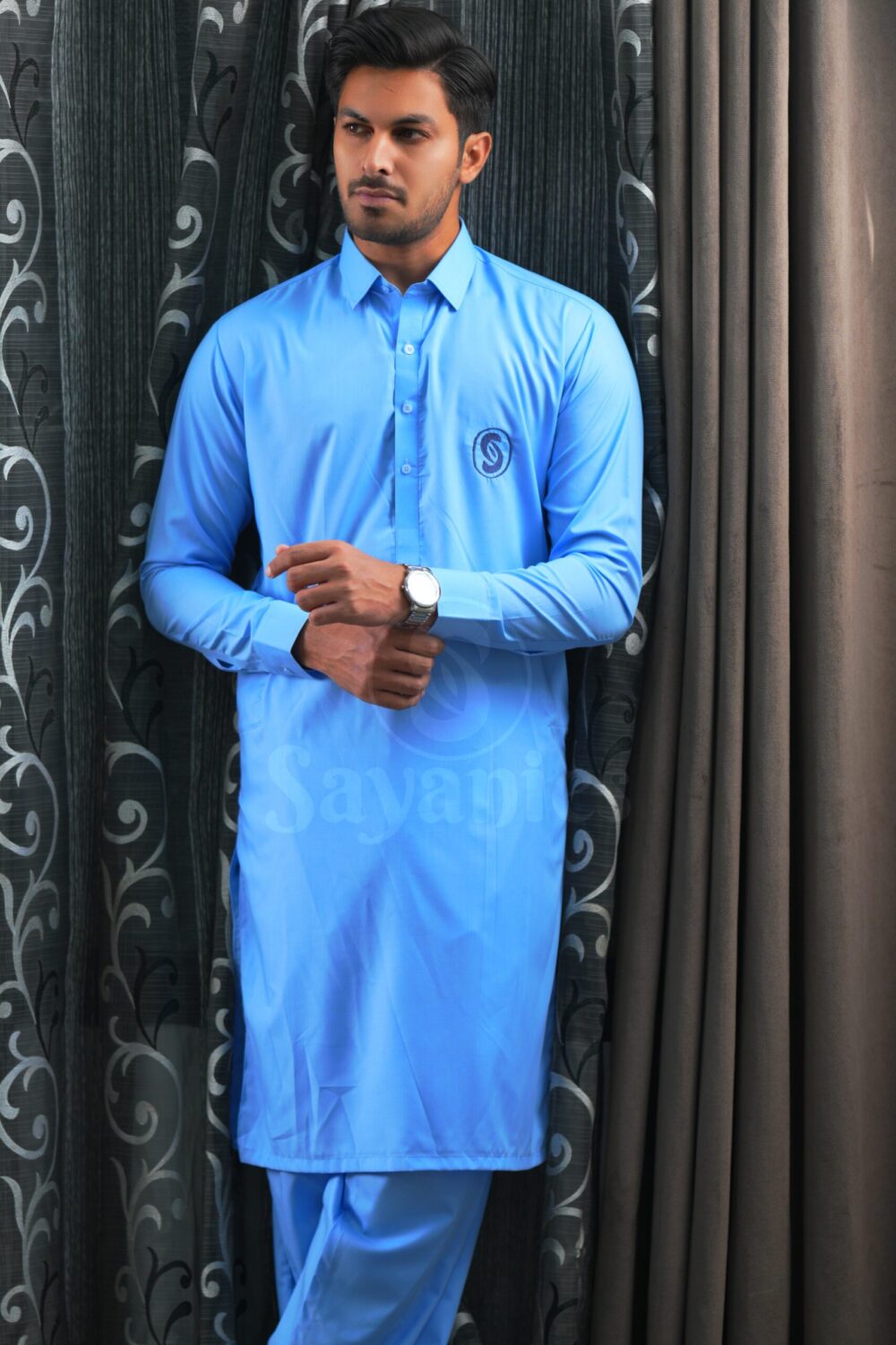 Men's Sky Blue Unstitched Kurta Pajama